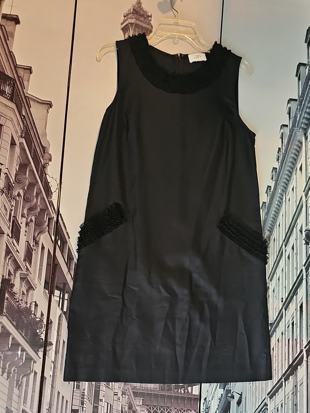 LOFT Black Sleeveless Shift Dress with Fringe Pocket Detail